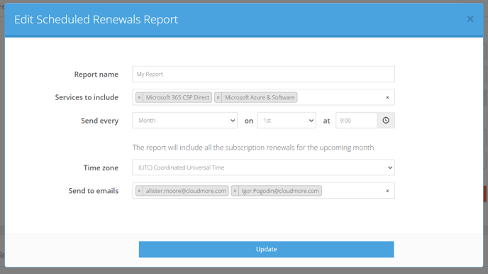 Edit Scheduled Renewals Report